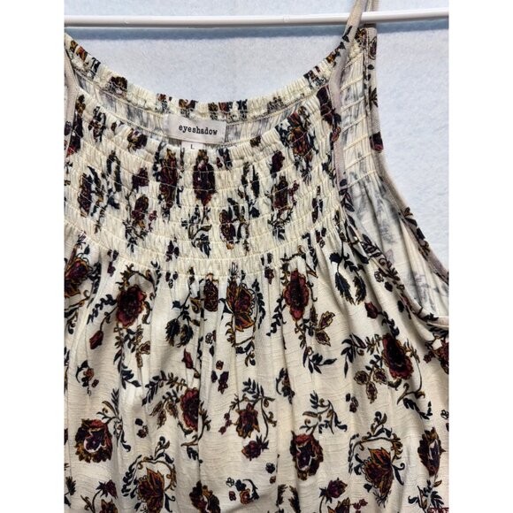 Boho-Style Sleeveless Floral Smocked Tank Top Eyeshadow L Cream/Red Cotton Blend - Picture 2 of 8